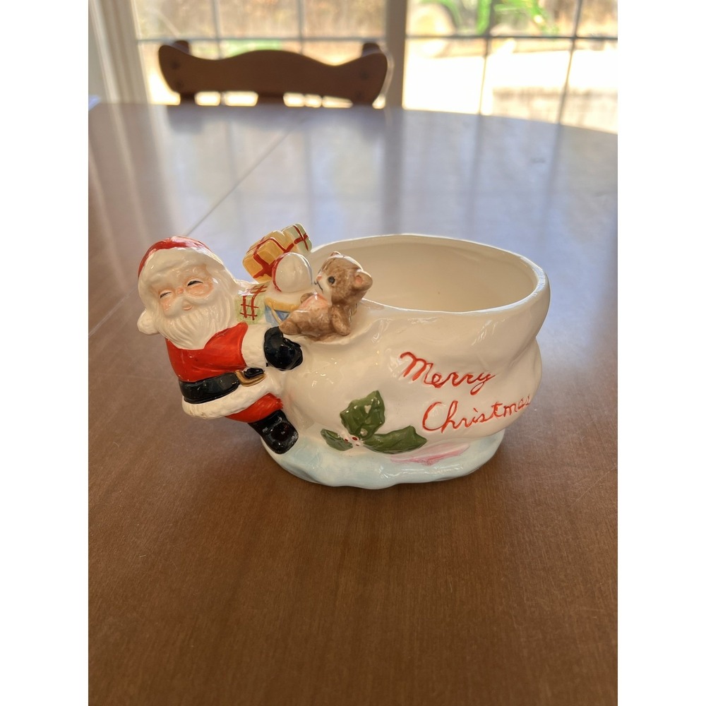 Vintage Santa‎ Claus Ceramic Candy Dish Merry Christmas Teddy Bear Gifts Holder